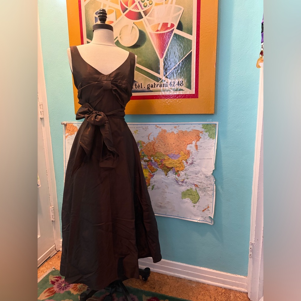 Classic Brown tafetta A-Line Tie-Waist Women's Dress